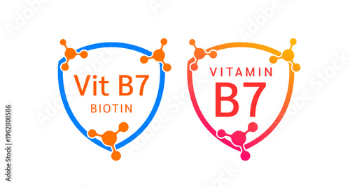 Vitamin B7 shield icon collection for product label design. Biotin molecule form simple line. Isolated on a white background. Medical symbol concept. Vector EPS10 illustration.