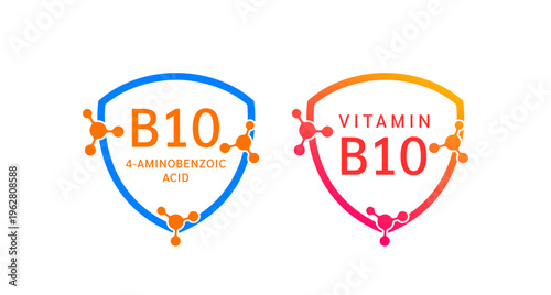 Vitamin B10 shield icon collection for product label design. Molecule form simple line. Isolated on a white background. Medical symbol concept. Vector EPS10 illustration.