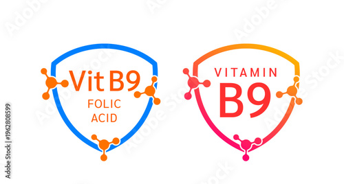 Vitamin B9 shield icon collection for product label design. Folic Acid molecule form simple line. Isolated on a white background. Medical symbol concept. Vector EPS10 illustration.