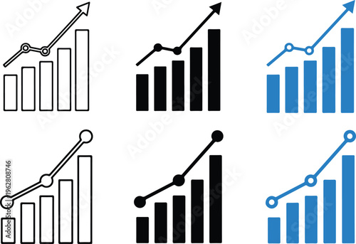 Growth chart icon set: bar and line graphs showing upward trend for business analytics