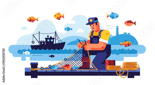 Fisherman repairing fishing net on dock with boat in background.