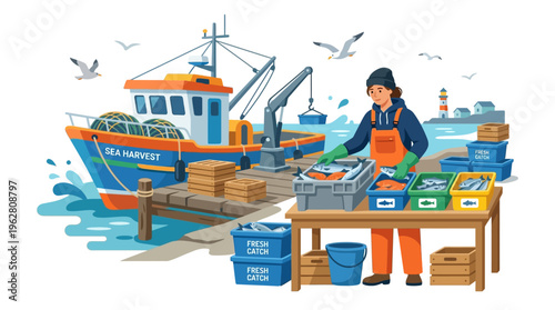 Fisherman sorting fresh fish at the dock.