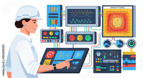 Female Engineer Operating Advanced Control Panel System.