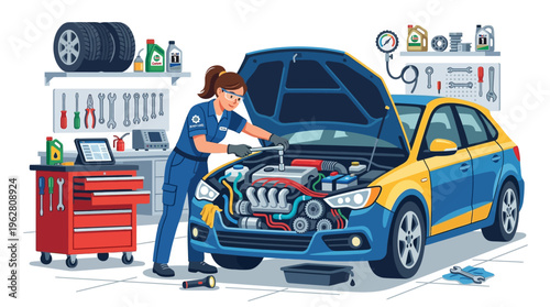 Female mechanic working on car engine in auto repair shop.