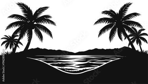 tropical beach silhouette with palm trees island lagoon calm ocean water and shoreline clean black vector landscape ideal for travel summer branding and coastal design