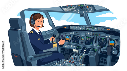 Female Pilot in Airplane Cockpit Flying Aircraft.