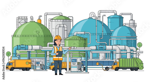 Female Engineer Working at Modern Biogas Plant Facility.