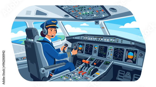 Female pilot in cockpit flying airplane with headset and controls.