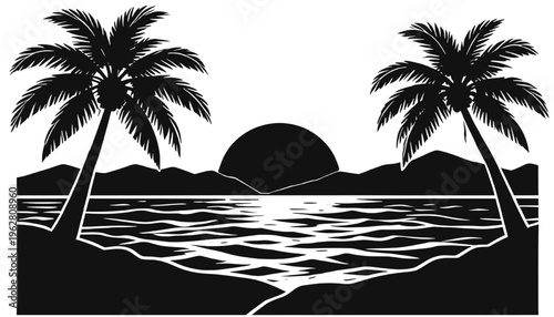 tropical sunset silhouette with palm trees island beach ocean waves and sun reflection clean black vector landscape ideal for summer travel branding and nature designs