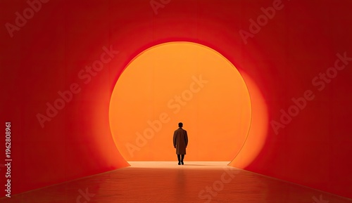 Lone figure walks towards a bright orange, circular, illuminated opening