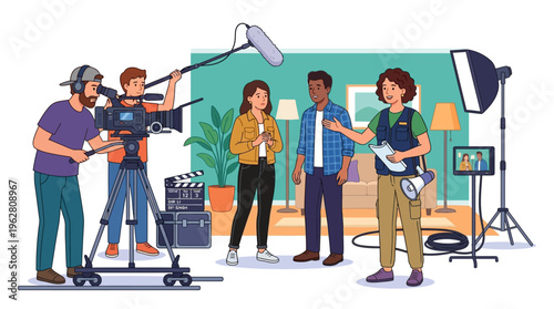 Filming crew captures actors on set with professional equipment.