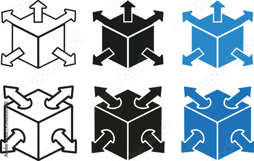 Expand and distribute icon set: box with outward arrows for scale and growth