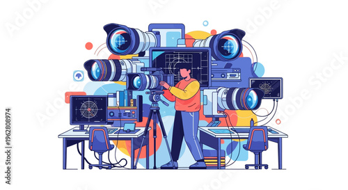 Filmmaker Operating Professional Video Camera Equipment Setup.