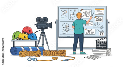 Filmmaker planning adventure movie storyboard with equipment.