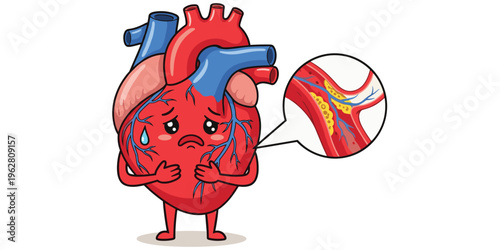 Cartoon human heart with sad face, blocked artery plaque buildup, cardiovascular disease, health problem, medical illustration concept artwork