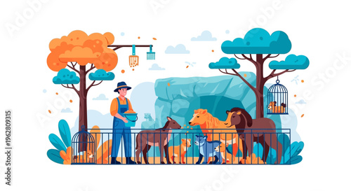 Farmer feeding animals in a zoo enclosure.