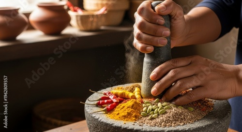 Chef grinding spices with mortar and pestle in the kitchen