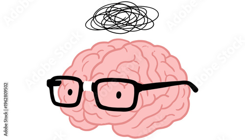 Pink cartoon brain with glasses and a scribbled thought bubble above symbolizing confusion or deep thinking idea mind concept knowledge intelligence learning education abstract