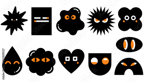 Collection of diverse black cartoon characters with simple geometric eyes and expressive faces arranged in two rows cute quirky icons shapes design elements graphic illustration