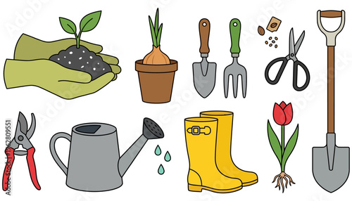 A collection of gardening tools and elements including hands planting a seedling a potted onion watering can shears shovel fork trowel boots seeds and a tulip flower soil