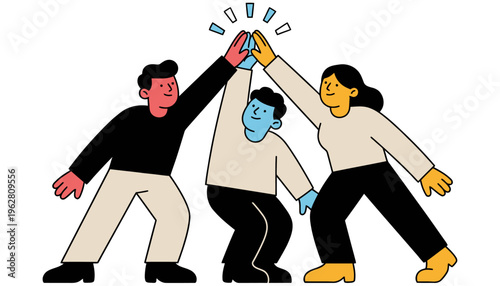 Three diverse animated characters with minimalist features joyfully give each other a high five celebrating teamwork and shared success in a vibrant graphic style celebration
