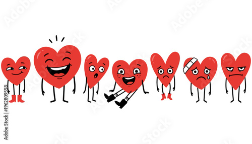 A group of cartoon red hearts displaying various emotions from happiness to sadness and injury standing and sitting happy crying injured bandaged character love feeling expression