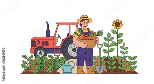 Farmer holding basket of fresh vegetables and fruits.
