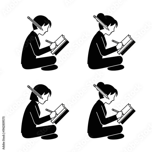 Cartoon girl student sitting and reading a book with a smile in a learning environment
