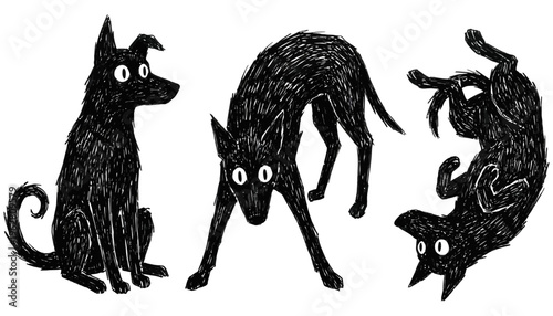 Three cartoonish black dogs are depicted in various playful poses with a hand drawn textured style and wide white eyes one sitting alert one crouching low and one playfully rolling
