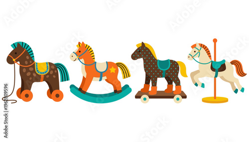 A collection of four distinct toy horses including a pull toy rocking horse wheeled toy and carousel horse showcasing vibrant colors and playful designs vintage child childhood