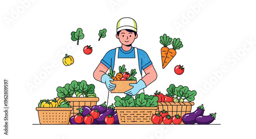 Farmer holding basket of fresh vegetables at market stall.