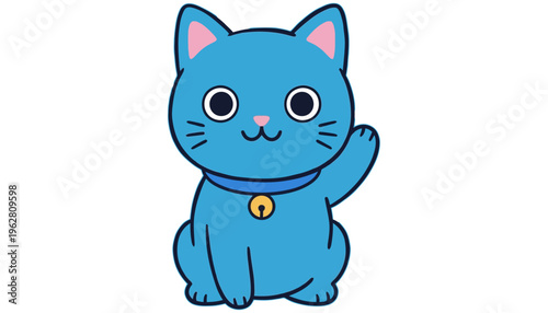 A cute blue cartoon cat with a collar and bell sits with its paw raised in a welcoming gesture looking forward with wide eyes animal pet illustration character drawing wave