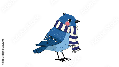 Cute blue bird wearing a dark blue and white striped winter scarf standing on a white background in a flat cartoon style.