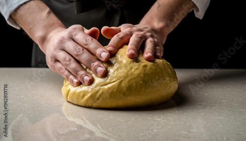 Chef kneading dough with hands in commercial kitchen