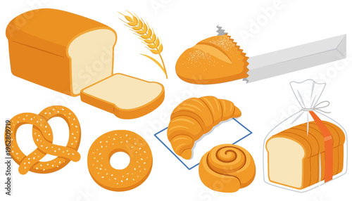 Collection of various baked goods including sliced loaf bread a pretzel a bagel croissants a cinnamon roll and wheat stalks bakery slicing breakfast pastry food dough sweet