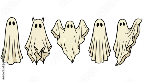 Five whimsical ghosts with simple black eyes one sporting small horns are illustrated in a row each depicted with flowing drapery and distinct playful poses halloween spooky