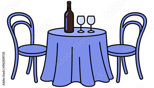 Two blue chairs flank a round table draped in a blue tablecloth holding a wine bottle and two wine glasses suggesting a meal dining restaurant food romance couple evening