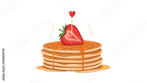 Stack of freshly made pancakes drizzled with golden syrup and topped with a sliced strawberry on a heart shaped pick.