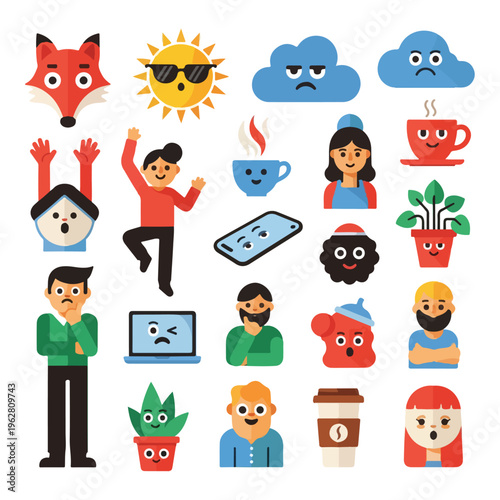 Colorful vector icons featuring emotions, people, weather, and objects