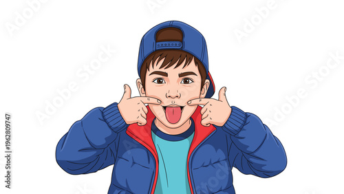 Young boy wearing a blue jacket and cap sticking his tongue out and pointing at his mouth with both index fingers.