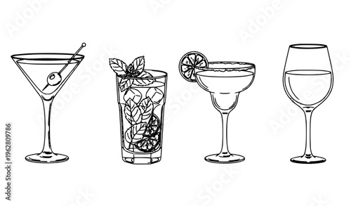 set of cocktails Cocktail Line Art Set Hand Drawn Drinks Vector Illustration