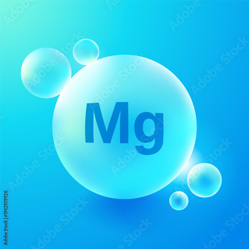 Magnesium Icon Supplement in 3D Vector on Blue Bubble, Representing Mg Mineral Vitamin Nutrient, Chemistry Element Atom Circle, Pharmaceutical Health Concept, Magnesium Glycinate, Citrate ,Oxide form.