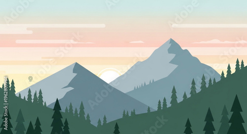 Serene mountain landscape with evergreen trees at sunset peaceful natural scenery with majestic peaks and rolling hills under a pastel sky