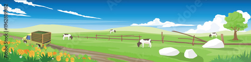 Horizontal or Landscape of truck drives past a pineapple plantation and a cattle farm on a spacious grassy field. All set against a beautiful blue sky with scattered clouds. For banner background.