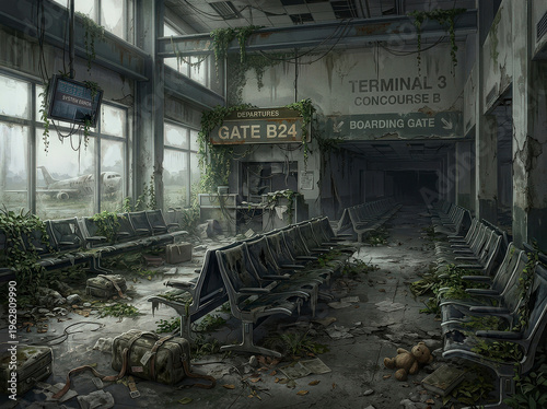 Abandoned Airport Terminal Overgrown with Nature Post Apocalyptic Scene