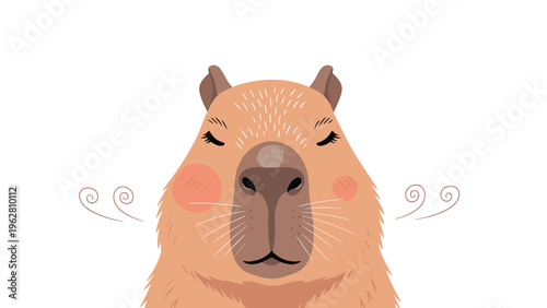 Close up portrait of a calm capybara face with pink cheeks and a serene expression on a plain white background.