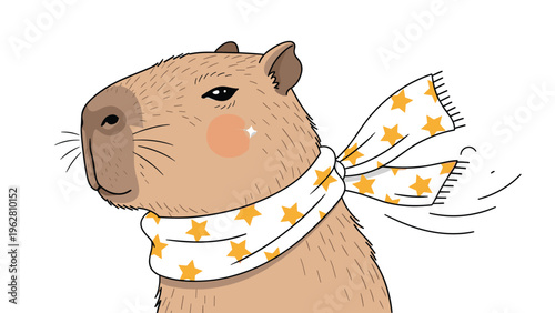 Friendly capybara animal looking sideways while wearing a white scarf with bright yellow stars blowing in the wind.