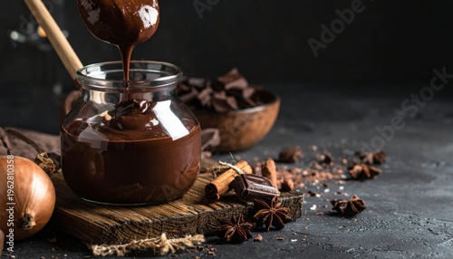 Chocolate batter being poured into a jar with spices nearby