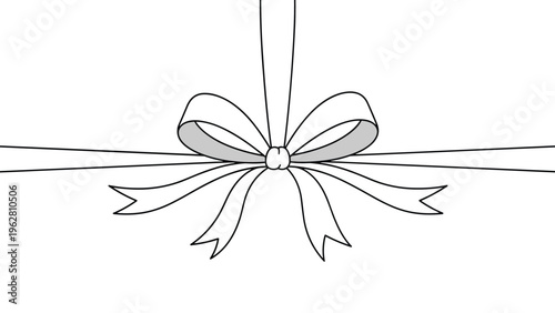 Delicate line drawing of decorative bow with long flowing ribbons for gift wrapping and celebratory design projects or cards.