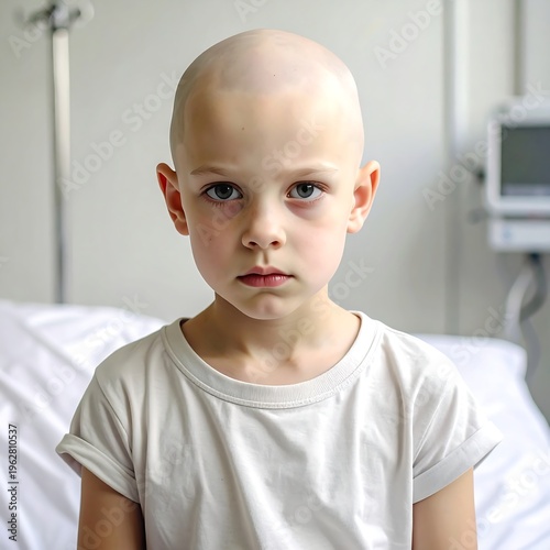A young child with a shaved head and white shirt sitting on a hospital bed